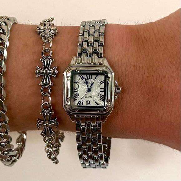 Retro White Square Face Quartz Watch Unisex Stainless Steel 8.5" New - Picture 14 of 16